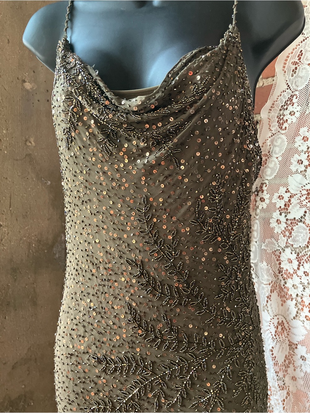 Sue Wong Olive Green Beaded Cowl Neck Camisole - Picture 4 of 16